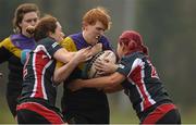 29 March 2014; Brona McEntree, Railway Union J2's, is tackled by Lisa Maguire, left, and Lorraine Cleary, Tallaght. The Paul Cusack Plate Final, Railway Union v Tallaght, NUIM Barhnall RFC, Leixlip, Co. Kildare. Picture credit: Barry Cregg / SPORTSFILE
