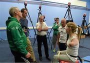 29 March 2014; Catherine O'Neill, from New Ross, Co. Wexford, discus and club throw, in conversation with, from left to right, coach Dave Sweeney, Dr. Michael Hanlon, Lecturer in Human Movement Sciences, WIT, engineer David Diamond, Alan Swanton, Irish Institute of Sport and Micheál Bergin, Paralympics Ireland athletics staff, during her 3D motion analysis session at the Paralympics Ireland 2014 Athlete Panel Multisport Training Camp, Biomechanical Laboratory, University of Limerick, Limerick. Picture credit: Diarmuid Greene / SPORTSFILE