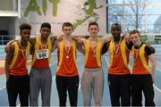 29 March 2014; The Tallaght A.C. team of, from left, Mustafa Nazis, Joseph Ojewumi, Joseph Lyons, Eoin Doherty, Clincy Mutanga and Sean Flanagan who won the 4x200m Final at the Woodie’s DIY Juvenile Indoor Track and Field Championships. Athlone Institute of Technology International Arena, Athlone, Co. Westmeath. Picture credit: Pat Murphy / SPORTSFILE