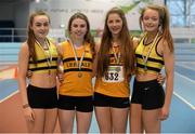 29 March 2014; The Leevale A.C. team of, from left, Laura Murphy, Louise Shanahan, Marie O'Halloran and Taylor Murphy who won the U18 Girl's 4x200m Final at the Woodie’s DIY Juvenile Indoor Track and Field Championships. Athlone Institute of Technology International Arena, Athlone, Co. Westmeath. Picture credit: Pat Murphy / SPORTSFILE