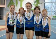 29 March 2014; The Ratoath A.C. team of, from left, Ella Healy, Aoife Rutherford, Lilly O'Connor, Emma O'Connell and Aimee Doherty who won the U12 Girl's 4x100m Final at the Woodie’s DIY Juvenile Indoor Track and Field Championships. Athlone Institute of Technology International Arena, Athlone, Co. Westmeath. Picture credit: Pat Murphy / SPORTSFILE