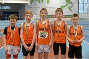 29 March 2014; The St. Mary's A.C. team of, from left, Patrick Ambrose, Oisin Enright, Shane Fitzgerald, Ciaran O'Sullivan and Nathan Cremin who won the U12 Boy's 4x100m Final at the Woodie’s DIY Juvenile Indoor Track and Field Championships. Athlone Institute of Technology International Arena, Athlone, Co. Westmeath. Picture credit: Pat Murphy / SPORTSFILE