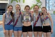 29 March 2014; The Dundrum South Dublin A.C. team of, from left, Niamh Gowing, Sarah Gardiner, Sarah Torrans, Tara Jenkins and Katie Magee who won the U16 Girl's 4x200m Final at the Woodie’s DIY Juvenile Indoor Track and Field Championships. Athlone Institute of Technology International Arena, Athlone, Co. Westmeath. Picture credit: Pat Murphy / SPORTSFILE