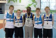 29 March 2014; The St. Laurence O'Toole A.C. team of, from left, Ben Dunbar Gibney, David Ward, Terik Adeqoke, Ben Dargan and Finbarr Kavanagh who won the U14 Boy's 4x200m Final at the Woodie’s DIY Juvenile Indoor Track and Field Championships. Athlone Institute of Technology International Arena, Athlone, Co. Westmeath. Picture credit: Pat Murphy / SPORTSFILE