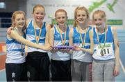 29 March 2014; The St. Laurence O'Toole A.C. team of, from left, Sive O'Toole, Corrine Kenny, Chloe Hayden, Sara Doyle and Natasha Doyle who won the U14 Girl's 4x200m Final at the Woodie’s DIY Juvenile Indoor Track and Field Championships. Athlone Institute of Technology International Arena, Athlone, Co. Westmeath. Picture credit: Pat Murphy / SPORTSFILE