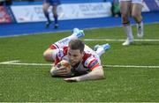 29 March 2014; Darren Cave, Ulster, scores his side's first try of the game. Celtic League 2013/14, Round 18, Cardiff Blues v Ulster, Cardiff Arms Park, Cardiff, Wales. Picture credit: Steve Pope / SPORTSFILE