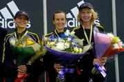 31 October 2005; The first Irish women home, which also doubled as the National Marathon Championships, from left, Caroline Dobbyn, 3rd, Pauline Curley, 1st and Lucy Brennan, 2nd, after the 2005 adidas Dublin City Marathon. Picture credit: Brendan Moran / SPORTSFILE