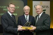 1 November 2005; Mike Gibson, centre, who was inducted into the Guinness Hall of Fame, is presented with his award by Kieran Rooney, left, Chairman-Elect of the Rugby Writers of Ireland, and Michael Whelan, Head of Sponsorship, Guinness at the Guinness Rugby Writers of Ireland Player of the Year at the 2005 Guinness Rugby Writers awards. CityWest Hotel, Dublin. Picture credit: Brendan Moran / SPORTSFILE