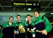 4 November 2005; Members of the Leinster hurling team, from left to right, Brendan Murphy, Offaly, Eoin Quigley, Wexford, Diarmuid Lyng, Wexford, and Brian Barry, Kilkenny, prior to their departure to Boston for the M Donnelly Interprovincial Hurling Championship Final. Dublin Airport, Dublin. Picture credit: Brian Lawless / SPORTSFILE