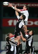4th November 2005;Ulster's Ryan Caldwell wins a line-out against Andrew Newman, Ospreys. Celtic League, Ulster v Ospreys, Ravenhill Park, Belfast.  Picture Credit:Oliver Mc Veigh/Sportsfile