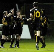 7 November 2005; Roy O'Donovan, third from left, Cork City, celebrates after scoring his sides first goal with team-mates, left to right, Joe Gamble, Billy Woods and George O'Callaghan. eircom League, Premier Division, Shamrock Rovers v Cork City, Dalymount Park, Dublin. Picture credit: David Maher / SPORTSFILE