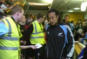 9 November 2005; New Zealand All Blacks team captain Tana Umaga makes his way into Letterkenny IT during a visit to the birthplace of Dave Gallaher as part of centenary celebrations for the Originals tour. Players and New Zealand Rugby Union officials travelled to the village of Ramelton in County Donegal where the Originals' captain was born. Ramelton, Co. Donegal. Picture credit: Pat Murphy / SPORTSFILE