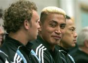 9 November 2005; Jerry Collins, member of the New Zealand All Blacks team, with team-mates Angus McDonald, left, and Tana Umaga, right, during a visit to the birthplace of Dave Gallaher as part of centenary celebrations for the Originals tour. Players and New Zealand Rugby Union officials travelled to the village of Ramelton in County Donegal where the Originals' captain was born. Ramelton, Co. Donegal. Picture credit: Pat Murphy / SPORTSFILE