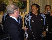 9 November 2005; New Zealand All Blacks team captain Tana Umaga is greeted on his arrival in Ramelton, Co. Donegal, during a visit to the birthplace of Dave Gallaher as part of centenary celebrations for the Originals tour. Players and New Zealand Rugby Union officials travelled to the village of Ramelton in County Donegal where the Originals' captain was born. Ramelton, Co. Donegal. Picture credit: Pat Murphy / SPORTSFILE