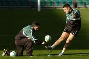11 November 2005; Ronan O'Gara, Ireland, practices his kicking with the help of kicking coach Mark Tainton during the captain's run. Ireland Captain's Run, Lansdowne Road, Dublin. Picture credit: Damien Eagers / SPORTSFILE