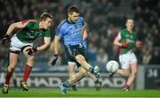 29 March 2014; Kevin McManamon races clear of Mayo centre back Donal Vaughan to score Dublin's first goal in the 56th minute. Allianz Football League, Division 1, Round 6, Dublin v Mayo. Croke Park, Dublin. Picture credit: Ray McManus / SPORTSFILE