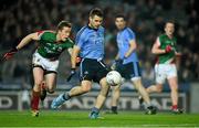 29 March 2014; Kevin McManamon races clear of Mayo centre back Donal Vaughan to score Dublin's first goal in the 56th minute. Allianz Football League, Division 1, Round 6, Dublin v Mayo. Croke Park, Dublin. Picture credit: Ray McManus / SPORTSFILE