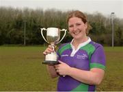 29 March 2014; CYM captain Diane McIhagga with the Paul Cusack Cup after the game. The Paul Cusack Cup Final, CYM v St Mary's, NUIM Barhnall RFC, Leixlip, Co. Kildare. Picture credit: Piaras Ó Mídheach / SPORTSFILE