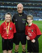 29 March 2014; Referee Cormac Reilly with 'young whistlers' Holly-Jo Clarke and Dara O'Grady before the game. Allianz Football League, Division 1, Round 6, Dublin v Mayo. Croke Park, Dublin. Picture credit: Ray McManus / SPORTSFILE