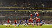 29 March 2014; Devin Toner, Leinster, contests a lineout against Dave Foley and Donncha O'Callaghan, Munster. Celtic League 2013/14, Round 18, Leinster v Munster, Aviva Stadium, Lansdowne Road, Dublin. Picture credit: Stephen McCarthy / SPORTSFILE
