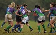 29 March 2014; Jenny Miller, St Mary's, is tackled by CYM players from left, Ciara Flanagan, 2, Donna Clarke, 10, Cait Twomey, 7, and Rachel Horan. The Paul Cusack Cup Final, CYM v St Mary's, NUIM Barhnall RFC, Leixlip, Co. Kildare. Picture credit: Piaras Ó Mídheach / SPORTSFILE