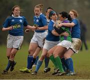 29 March 2014; Karen Sciberras, CYM, is tackled by Francesca Farrington, left, and Inga Byrne, extreme right, St Mary's. The Paul Cusack Cup Final, CYM v St Mary's, NUIM Barhnall RFC, Leixlip, Co. Kildare. Picture credit: Piaras Ó Mídheach / SPORTSFILE