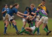 29 March 2014; Karen Sciberras, CYM, supported by team-mate Siobhan Leahy, 13, is tackled by St Mary's players from left, Mags Keohane, Francesca Farrington,  and Inga Byrne, St Mary's. The Paul Cusack Cup Final, CYM v St Mary's, NUIM Barhnall RFC, Leixlip, Co. Kildare. Picture credit: Piaras Ó Mídheach / SPORTSFILE