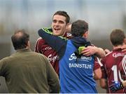 30 March 2014; Fiontan O Curraoin, Galway, celebrates with manager Alan Mulholland after the game. Allianz Football League Division 2, Round 6, Galway v Armagh, Tuam Stadium, Tuam, Co. Galway. Picture credit: Ray Ryan / SPORTSFILE