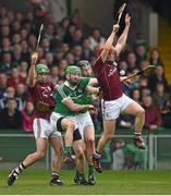30 March 2014; Niall Healy, and David Burke, left, Galway, in action against Cathal King, left, and Wayne McNamara, Limerick. Allianz Hurling League Division 1, Quarter-Final, Limerick v Galway, Gaelic Grounds, Limerick. Picture credit: Diarmuid Greene / SPORTSFILE