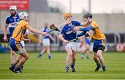 30 March 2014; John Purcell, Laois, in action against Patrick O'Connor, left, and Patrick Donnellan, Clare. Allianz Hurling League Division 1, Quarter-Final, Laois v Clare, O'Moore Park, Portlaoise, Co. Laois. Picture credit: Ray McManus / SPORTSFILE