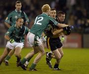 12 November 2005; Thomas Freeman, Ulster, in action against Padraig Clancy, 12, Tom Kelly, left, and Damien Healy, partially hidden, Leinster. M Donnelly Interprovincial Football Championship Final, Leinster v Ulster, Parnell Park, Dublin. Picture credit: Pat Murphy / SPORTSFILE