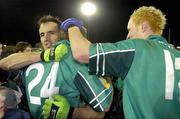 12 November 2005; Leinster's Damien Healy, left, celebrates with team-mates Billy Sheehan, 24, and Padraig Clancy, right, after victory. M Donnelly Interprovincial Football Championship Final, Leinster v Ulster, Parnell Park, Dublin. Picture credit: Pat Murphy / SPORTSFILE
