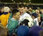12 November 2005; Fergal Byron, Leinster goalkeeper, celebrates with Jason Sherlock after victory. M Donnelly Interprovincial Football Championship Final, Leinster v Ulster, Parnell Park, Dublin. Picture credit: Pat Murphy / SPORTSFILE