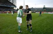 12 November 2005; Gordon D'Arcy, Ireland, shakes hands with New Zealand captain Richie McCaw after the final whistle. permanent tsb International Friendly 2005-2006, Ireland v New Zealand, Lansdowne Road, Dublin. Picture credit: Brendan Moran / SPORTSFILE