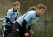 15 November 2005; Centre Andrew Trimble lines up alongside Grodon D'Arcy and Ronan O'Gara during squad training. Ireland rugby squad training, Clongowes College, Clane, Co. Kildare. Picture credit: Brendan Moran / SPORTSFILE