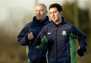 17 November 2005; Shamrock Rover's Derek Treacy, left, who supervised the training session, warms up alongside team-mate Cathal O'Connor during squad training. AUL Complex, Clonshaugh, Dublin. Picture credit: Brian Lawless / SPORTSFILE