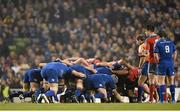29 March 2014; The Leinster and Munster packs engage in a scrum watched by referee Alain Rolland. Celtic League 2013/14, Round 18, Leinster v Munster, Aviva Stadium, Lansdowne Road, Dublin. Picture credit: Brendan Moran / SPORTSFILE