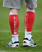 31 March 2014; Compression socks worn by Leinster's Brian O'Driscoll during squad training ahead of their side's Heineken Cup Quarter-Final game against Toulon on Sunday. Leinster Rugby Squad Training and Media Briefing, Rosemount, UCD, Belfield, Dublin. Picture credit: Brendan Moran / SPORTSFILE