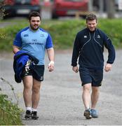 31 March 2014; Leinster's Martin Moore, left, and Gordon D'Arcy arrive for squad training ahead of their side's Heineken Cup Quarter-Final game against Toulon on Sunday. Leinster Rugby Squad Training and Media Briefing, Rosemount, UCD, Belfield, Dublin. Picture credit: Brendan Moran / SPORTSFILE