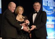 12 November 2005; John Cronin, left, of Cork, who was presented with the Manager of the Year by Joe McDonagh, former President of the GAA and Miriam O'Callaghan, President, Cumann Camogaiochta na nGael, at the 2005 Camogie All-Star Awards, in association with O'Neills. Citywest Hotel, Dublin. Picture credit: Ray McManus / SPORTSFILE