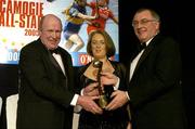 12 November 2005; John Cronin, left, of Cork, who was presented with the Manager of the Year by Joe McDonagh, former President of the GAA and Miriam O'Callaghan, President, Cumann Camogaiochta na nGael, at the 2005 Camogie All-Star Awards, in association with O'Neills. Citywest Hotel, Dublin. Picture credit: Brendan Moran / SPORTSFILE