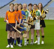 15 November 2005; Camogie players, from left to right, Catriona Kelly and Linda Gohery, Davitts, Marie O'Looney, Newmarket-on-Fergus, Mairin McAleenan, Liatroim Fontenoys, Sinead Costello, St. Lachtain's Freshford, Lisa McCrickard, Liatroim Fontenoys, and Margaret Kavanagh, St. Lachtain's Freshford, at a photocall ahead of the All-Ireland camogie Senior and Junior club championship finals which will take place this Sunday, November 20th. St. Lachtain's and Davitts will contest the Senior final while Liatroim Fontenoys and Newmarket-on-Fergus will contest the Junior final. Croke Park, Dublin. Picture credit: Brian Lawless / SPORTSFILE