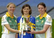 15 November 2005; Junior camogie players Mairin McAleenan, left, and Lisa McCrickard, right, Liatroim Fontenoys, with Marie O'Looney, Newmarket-on-Fergus, at a photocall ahead of the All-Ireland camogie Senior and Junior club championship finals which will take place this Sunday, November 20th. St. Lachtain's and Davitts will contest the Senior final while Liatroim Fontenoys and Newmarket-on-Fergus will contest the Junior final. Croke Park, Dublin. Picture credit: Brian Lawless / SPORTSFILE