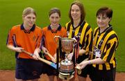 15 November 2005; Senior camogie players, Margaret Kavanagh and Sinead Costello, right, St. Lachtain's Freshford, with Linda Gohery, left, and Catriona Kelly, Davitts, at a photocall ahead of the All-Ireland camogie Senior and Junior club championship finals which will take place this Sunday, November 20th. St. Lachtain's and Davitts will contest the Senior final while Liatroim Fontenoys and Newmarket-on-Fergus will contest the Junior final. Croke Park, Dublin. Picture credit: Brian Lawless / SPORTSFILE