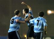 22 November 2005; Aidan Lynch, centre, Dublin City, celebrates after scoring his sides first goal with team-mates Trevor Vaughan, left, and David McGill. eircom league Promotion / Relegation Play-off, 1st Leg, Shamrock Rovers v Dublin City, Dalymount Park, Dublin. Picture credit: David Maher / SPORTSFILE