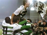 22 November 2005; Trevor Molloy, hidden, Shamrock Rovers, celebrates after scoring his sides first goal with team-mates Mark Rutherford, Keith Doyle, Tony Sheridan and Willo McDonagh. eircom league Promotion / Relegation Play-off, 1st Leg, Shamrock Rovers v Dublin City, Dalymount Park, Dublin. Picture credit: David Maher / SPORTSFILE