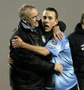 22 November 2005; Dermot Keely, Dublin City manager, celebrates with Ray Scully at the end of the game. eircom league Promotion / Relegation Play-off, 1st Leg, Shamrock Rovers v Dublin City, Dalymount Park, Dublin. Picture credit: David Maher / SPORTSFILE