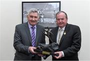 2 April 2014; Kerry's Mick O'Dwyer is presented with his hall of fame trophy by Uachtarán Chumann Lúthchleas Gael Liam Ó Néill. GAA Museum Hall of Fame. GAA Museum, Croke Park, Dublin.b Picture credit: Matt Browne / SPORTSFILE
