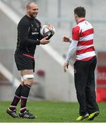 4 April 2014; Ulster's Dan Tuohy, left, and Craig Gilroy  share a joke during their captain's run ahead of Saturday's Heineken Cup Quarter Final match against Saracens at Ravenhill. Ravenhill Park, Belfast, Co. Antrim. Picture credit: Ramsey Cardy / SPORTSFILE