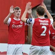 4 April 2014; St Patrick's Athletic's Chris Forrester, left, celebrates after scoring his side's first goal with team-mate Ger O'Brien. Airtricity League Premier Division, St Patrick's Athletic v Dundalk, Richmond Park, Dublin. Picture credit: David Maher / SPORTSFILE